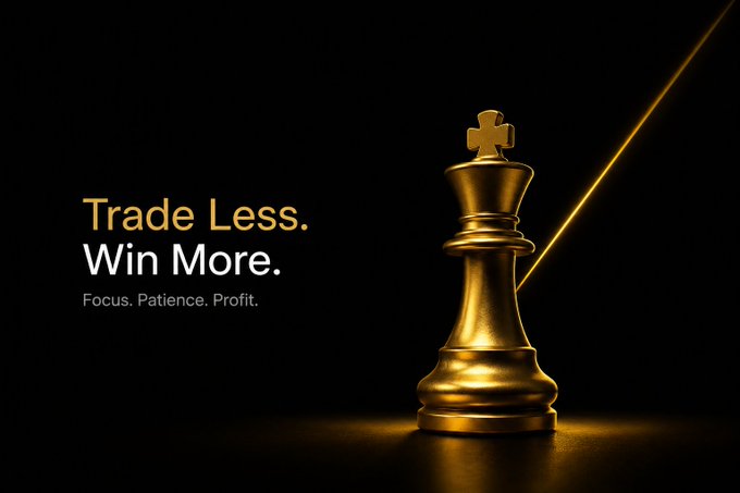 A golden chess king piece illuminated against a black background, accompanied by the text "Trade Less. Win More. Focus. Patience. Profit." The image reinforces the post's message about mindful investing by using the chess king's symbolism of strategy and patience to complement the theme of starting small and learning through platforms like Binance.