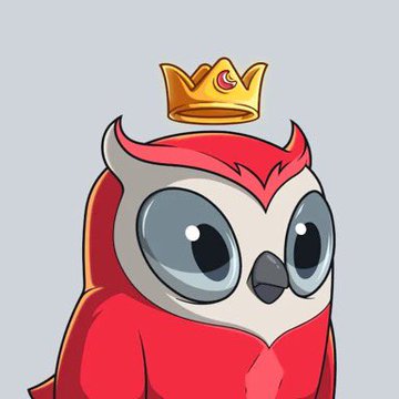 A digital illustration of a cute red owl character wearing a golden crown with a pink gem, set against a plain gray background.