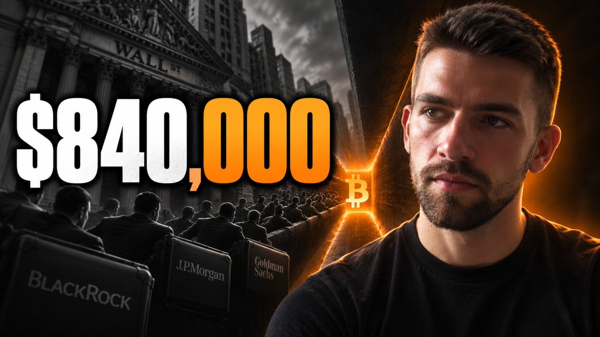A YouTube thumbnail featuring a man's face on the right, large text reading '$84,000' on the left, and logos for BlackRock, J.P.Morgan, and Goldman Sachs with a Bitcoin symbol in the center.