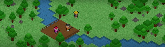 A pixel art scene from a video game showing two characters standing on a wooden bridge over a stream in a forested area, with another character standing on the grass nearby.