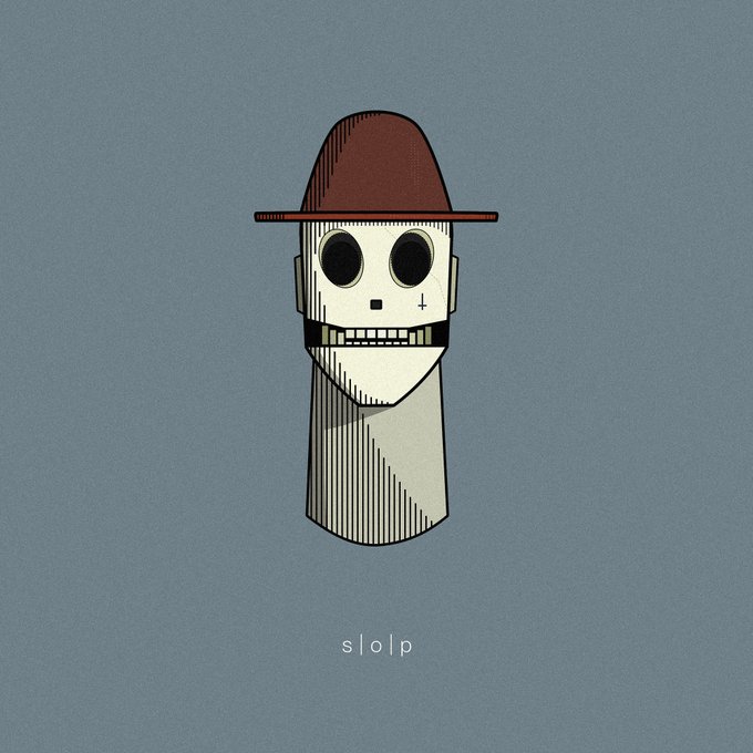 A stylized illustration of a skeletal figure wearing a brown hat and beige robe with a stitched mouth, labeled 'slolp' at the bottom.