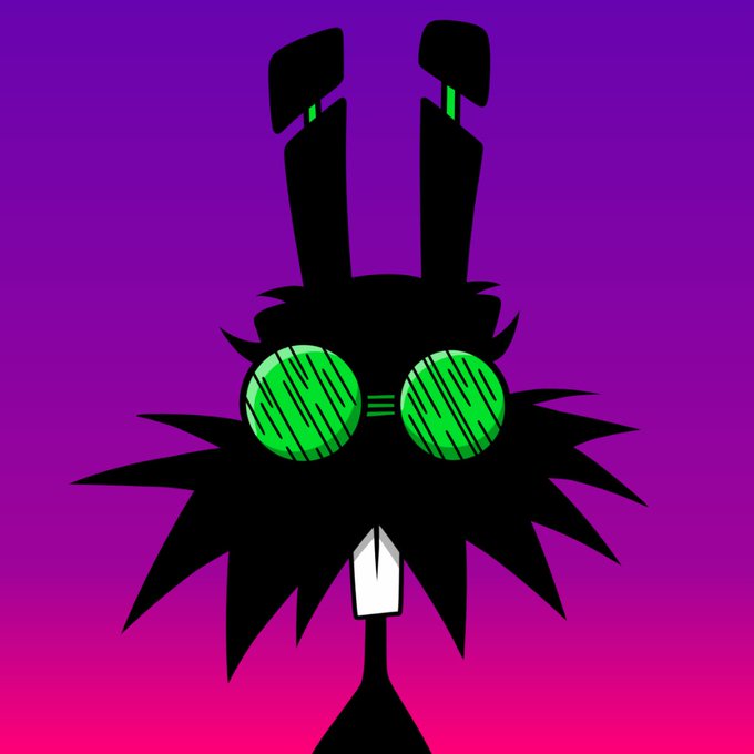 A stylized black silhouette illustration of a character with spiky hair and green circular sunglasses with an equals sign between them, set against a gradient purple and pink background.