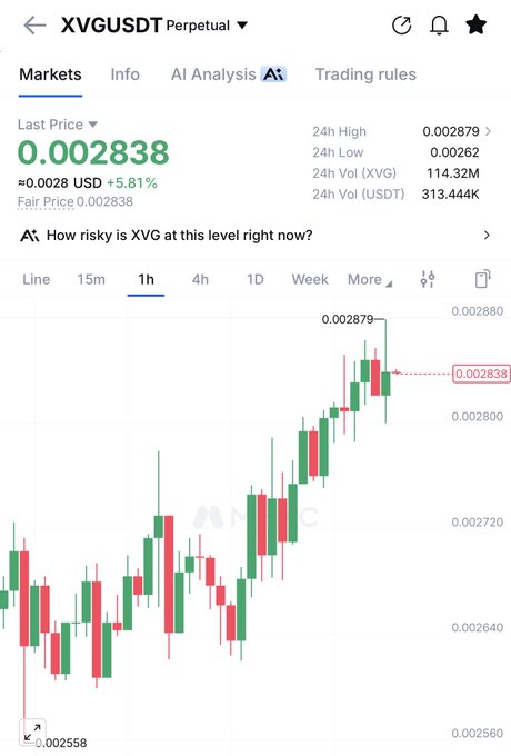 A cryptocurrency trading interface displaying the XVG/USDT Perpetual pair at a last price of 0.002838, showing an upward-trending 1-hour candlestick chart with 24h high of 0.002879 and volume of 114.32M.