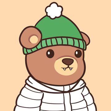 A cartoon illustration of a brown bear wearing a green knit beanie with a white pom-pom and a white puffy jacket against a tan background.