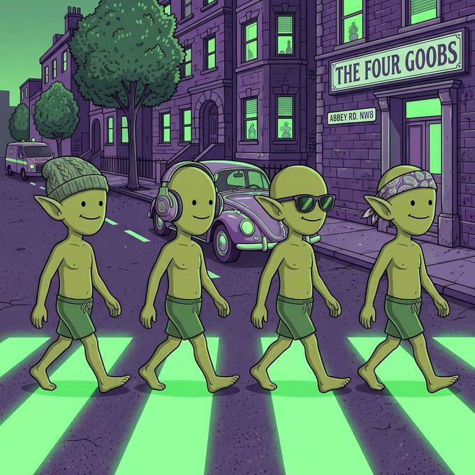 A cartoon illustration parodying the Beatles' Abbey Road album cover, depicting four green elf-like characters crossing a glowing green crosswalk in front of a building labeled 'THE FOUR GOOBS' on 'ABBEY RD. NW8.'