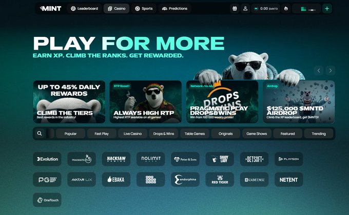 The image shows a gaming platform website called "MINT" featuring promotional banners for casino games with offers like "UP TO 45% DAILY REWARDS" and a "$125,000 $MNTD AIRDROP," along with various game providers such as Evolution, Nolimit, and Play'n GO.

The connection to the post is ironic—the image displays a "MINT" platform advertising token drops and rewards, while the accompanying text warns against relying on airdrops and giveaway lotteries, suggesting that such random reward systems often benefit bots rather than genuine community contributors.