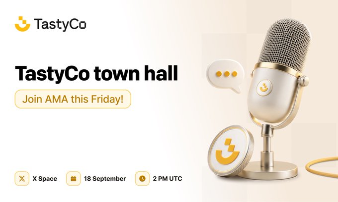 A promotional graphic for 'TastyCo town hall' advertising an AMA session on X Space on 18 September at 2 PM UTC, featuring a 3D rendered gold and white microphone.