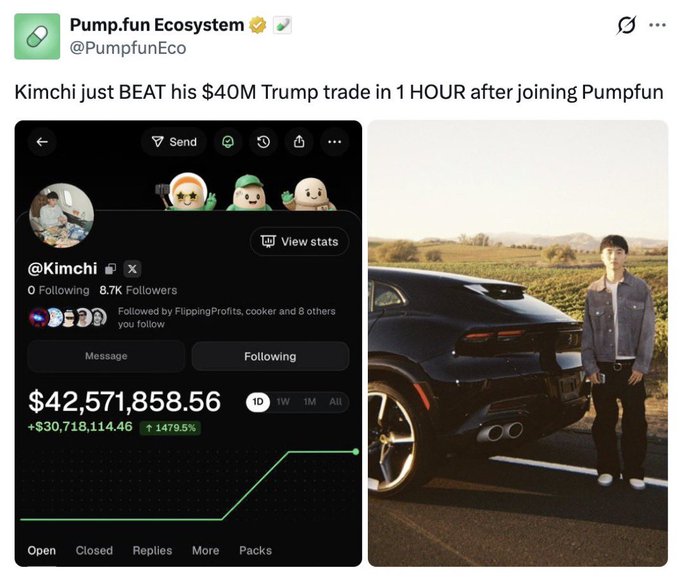 A Pump.fun Ecosystem post says, “Kimchi just BEAT his $40M Trump trade in 1 HOUR after joining Pumpfun,” alongside a profile showing “$42,571,858.56” and “+1479.5%,” plus a photo of a man beside a black sports car.