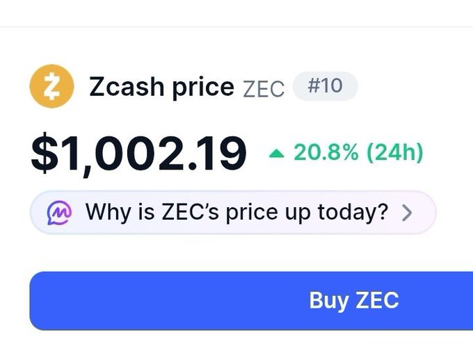 A cryptocurrency price card showing 'Zcash price ZEC #10' at $1,002.19 with a 20.8% 24-hour increase and a 'Buy ZEC' button.