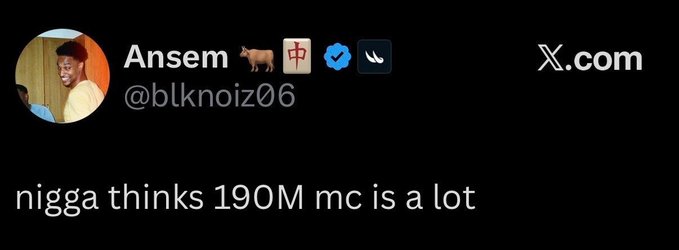 This image shows a tweet from "Ansem" (@blknoiz06) stating "nigga thinks 190M mc is a lot", which directly supports the accompanying post's sentiment about the stock $ANSEM being "free" under a $200M market cap.