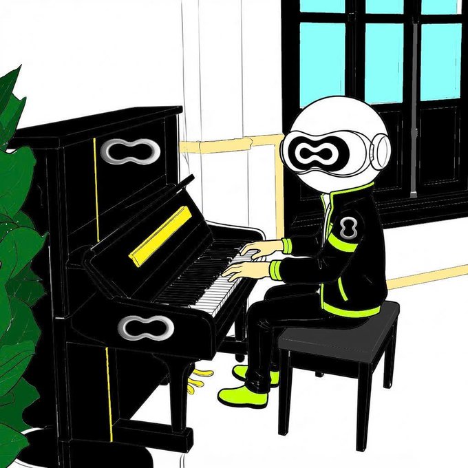 An illustration of a futuristic character wearing a white helmet and black tracksuit with neon green stripes playing a black and yellow upright piano near a window.