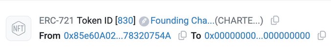 An NFT transaction record showing an ERC-721 Token ID [830] titled 'Founding Cha...(CHARTE...)' transferred from address 0x85e60A02...78320754A to 0x00000000...00000000.