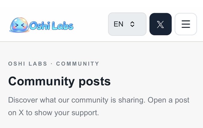 The image shows the Oshi Labs website header featuring a cute slime mascot logo, with a "Community posts" page highlighting a navigation path of "OSHI LABS · COMMUNITY." It visually corresponds to the announcement about launching Community Posts on the studio.oshi-labs.com/community page, where members can share and support each other's posts on X.