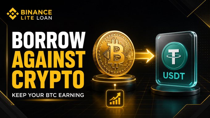 A Binance Lite Loan advertisement showing "BORROW AGAINST CRYPTO" with the tagline "KEEP YOUR BTC EARNING," featuring a gold Bitcoin coin and a USDT token connected by an arrow to illustrate how users can use BTC as collateral to borrow USDT.
