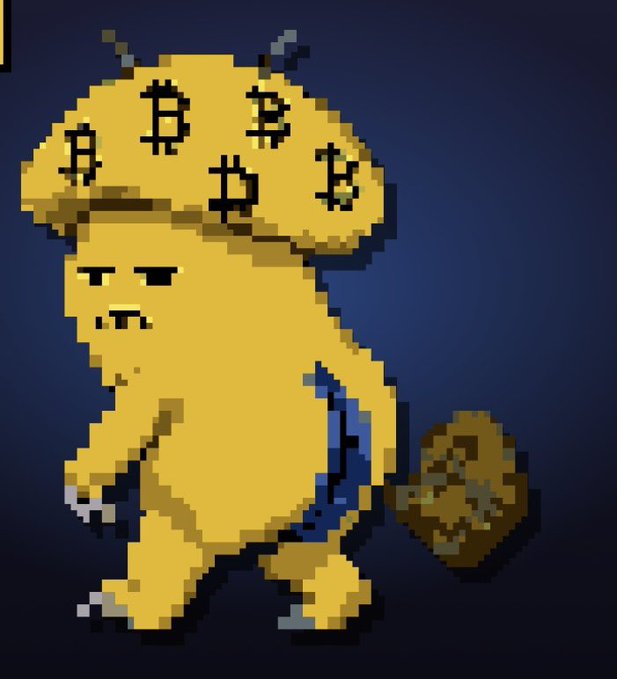 A pixel art character resembling a yellow creature with a Bitcoin symbol-emblazoned mushroom-like cap, carrying a sack.