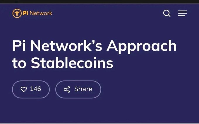 The image shows a Pi Network article titled "Pi Network's Approach to Stablecoins," displaying 146 likes and a share button, which directly relates to the post's discussion about stablecoins like $OUSD bringing real-world utility for payments and businesses within the Pi ecosystem.