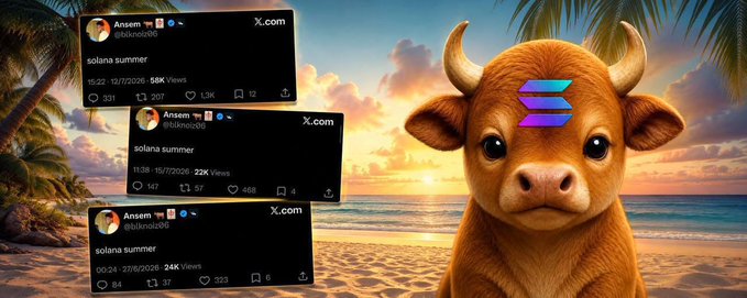 A cartoonish brown bull with the Solana logo on its forehead stands on a tropical beach at sunset, alongside three X.com posts from user "Ansem (@blknoiz06)" each declaring "solana summer" with view counts of 58K, 22K, and 24K—visually tying to the post's bullish Solana narrative promoting the $BULLIEVE token.
