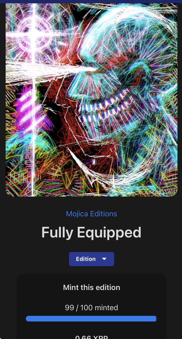 A digital NFT listing titled "Fully Equipped" by Mojica Editions, showing a vibrant, neon-colored abstract artwork with 99/100 editions minted, priced at 0.66 XRP.