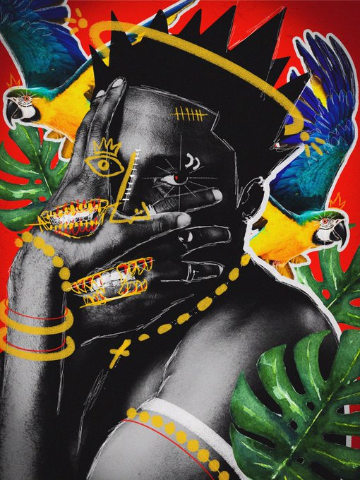 A layered collage artwork featuring a black and white image of a person's face with hands over it, overlaid with colorful drawings of parrots, leaves, and yellow accents on a red background.