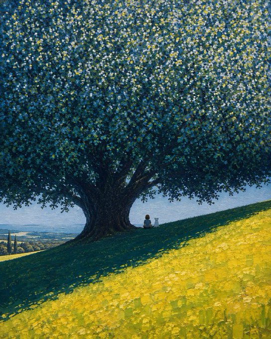 A painting depicting a large, lush tree with blue-green leaves on a grassy hill covered in yellow flowers, with a small figure sitting beside a dog at its base.