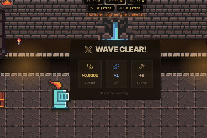 A pixel-art game screen displays a "WAVE CLEAR!" notification after defeating enemies, rewarding the player with +0.0001 TOKEN, +1 XP, and +9 SCRAP, with stats showing "24H 13W" and "ALL 0 $SIEGE" at the top. The image ties directly to the post by showcasing SolSiege, a Solana-based game where players earn $SIEGE tokens that can be withdrawn once 500 is reached.