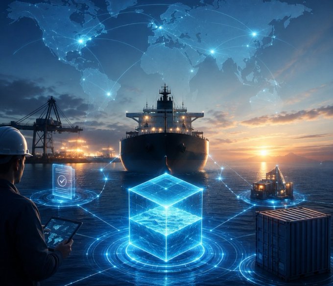 A futuristic digital illustration showing a worker with a hard hat and tablet overlooking a cargo ship at sea, with a glowing blue cube and a digital world map overlay symbolizing logistics or blockchain technology.