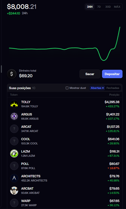 A cryptocurrency portfolio tracker shows a total value of $8,008.21 with holdings including TOLLY, ARGUS, ARCAT, COOL, LAZM, POLL, ARCHITECTS, ARCBAT, and WARP.