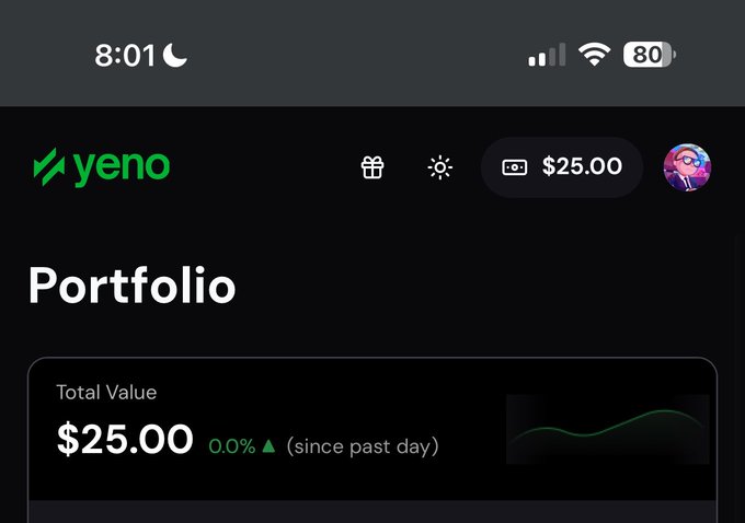 A screenshot of the Yeno Markets platform showing a Portfolio page with a Total Value of $25.00 (0.0% since past day), supporting the post's promotion of funding $5 to 5 mutual portfolios on Yeno Markets.