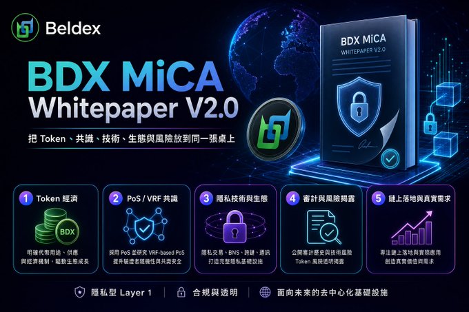 A promotional graphic for Beldex's "BDX MiCA Whitepaper V2.0" highlights key features including the BDX token economy, PoS/VRF consensus, privacy technology with BNS integration, audit transparency, and on-chain/off-chain demand, visually summarizing the whitepaper's comprehensive roadmap that aligns with the post's emphasis on outlining the full $BDX protocol.
