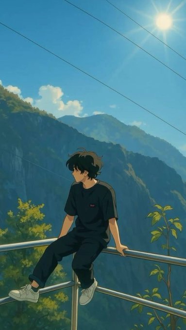 An anime-style illustration of a young man in a black t-shirt and dark pants sitting on a metal railing against a backdrop of green mountains and a bright sun.