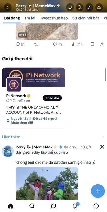 A Vietnamese-language X (Twitter) profile page for 'Perry' (@MemeMax) shows posts and a suggestion to follow the official Pi Network account, which notes 48 people including Nguyễn Sanh Đề have been followed for 4 months.