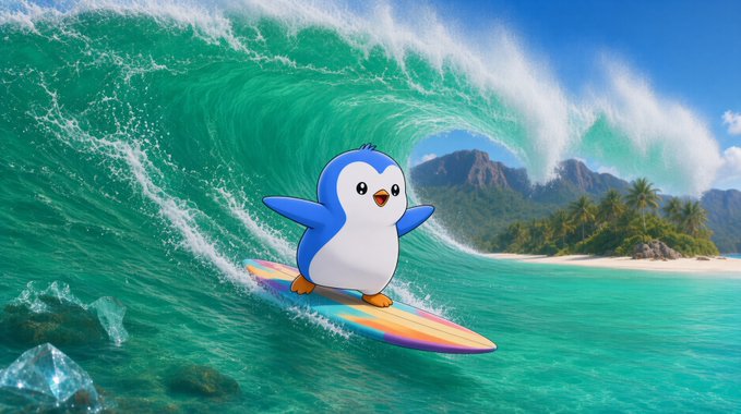 An illustration of a small blue penguin character surfing on a colorful surfboard riding a large turquoise wave near a tropical beach.