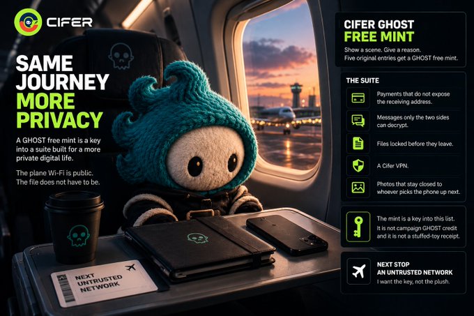 A promotional image for CIFER showing a plush toy on a plane with the text 'SAME JOURNEY MORE PRIVACY' and 'CIFER GHOST FREE MINT'.
