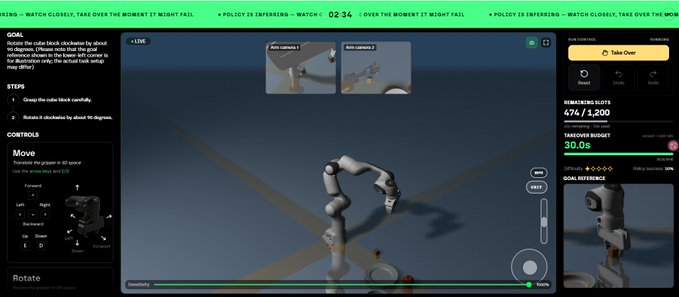A screenshot of a robotics training simulation interface showing a robotic arm task ('Take Over') with control instructions for movement, rotation, and grip, displaying a remaining time of 30.0s.