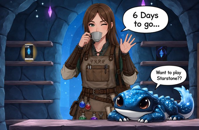 An illustrated anime-style scene shows a brown-haired woman drinking from a cup beside a blue starry dragon, with speech bubbles reading '6 Days to go...' and 'Want to play Starstone??'.