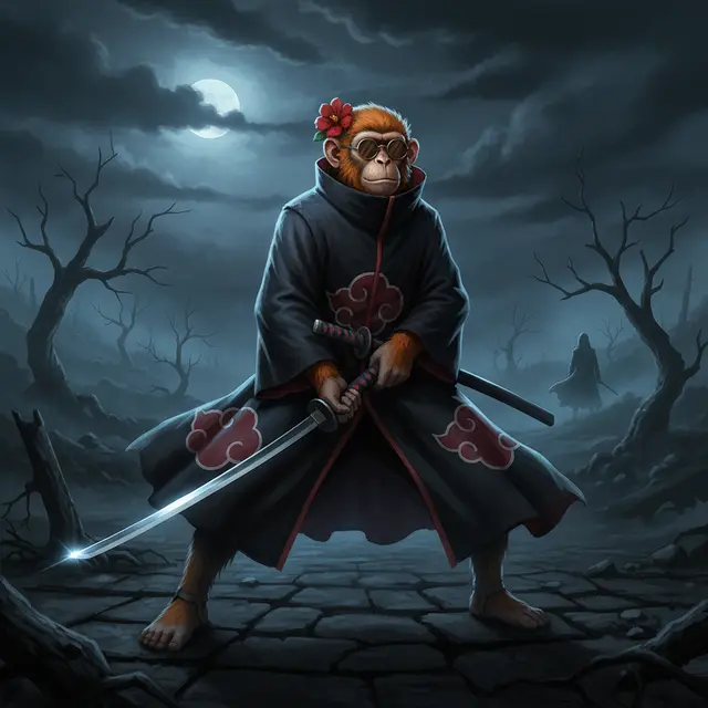 A monkey dressed as an Akatsuki warrior from Naruto stands resolute in a moonlit, desolate wasteland, gripping a glowing katana beneath a flowing black cloak adorned with red clouds, embodying the post's message of unwavering perseverance through darkness in pursuit of light.