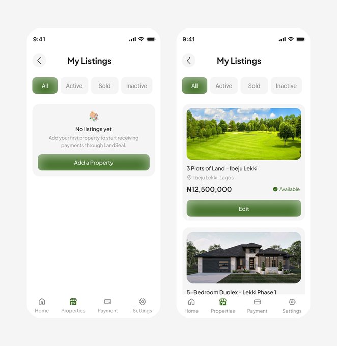Mobile app UI mockup showing 'My Listings' screen for a property/real estate app called LandSeal, comparing an empty state with 'No listings yet' to a populated state showing a property listed for ₦12,500,000 in Ibeju Lekki, Lagos.
