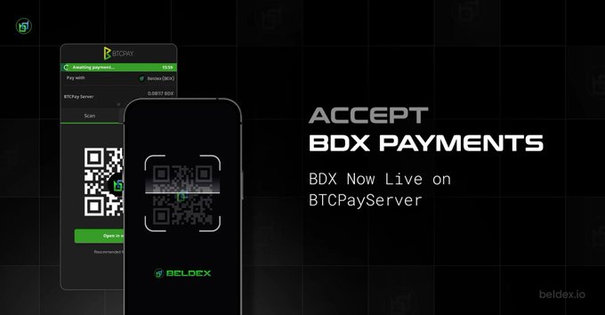 Promotional graphic stating 'ACCEPT BDX PAYMENTS - BDX Now Live on BTCPayServer' by beldex.io, showing a smartphone scanning a QR code on a payment interface.