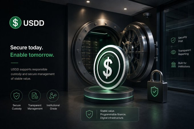 A promotional graphic for 'USDD' features a large green coin with a dollar sign in front of a bank vault, highlighting secure custody, transparent management, and institutional-grade features.