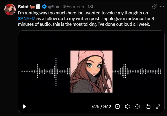 Screenshot of a post by “Saint 🐶💵” (@Saint10Fourteen) discussing a written post and “SANSEM,” with an embedded audio player showing an anime-style avatar and waveform.