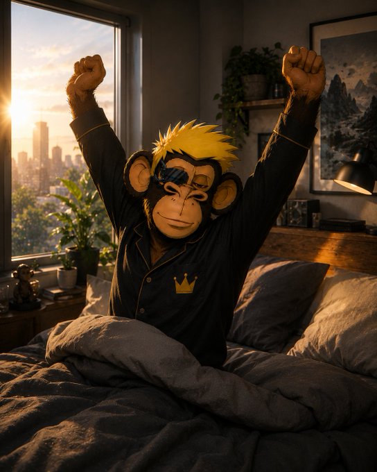 A digitally created image of a person wearing a Bored Ape Yacht Club-style monkey mask and black pajamas with yellow trim, stretching their arms while sitting on a bed at sunrise.