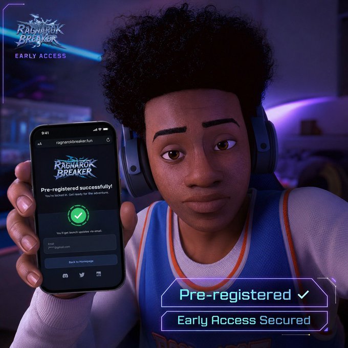 The image features a young man holding up his phone displaying an app called "Ragnarok Breaker" with a green checkmark symbolizing that he has been pre-registered for early access. The background of the image shows a bedroom setting, indicating that this is likely taking place in someone's home.