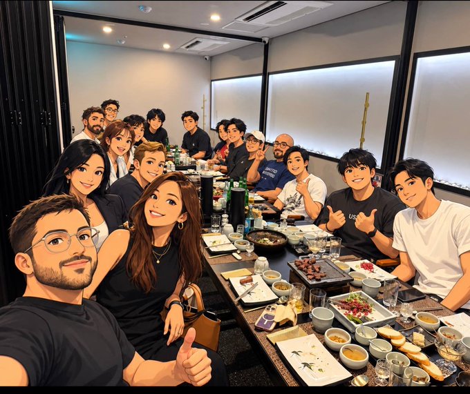 A stylized illustration of a large group of diverse people posing together at a long dining table filled with various dishes and drinks.