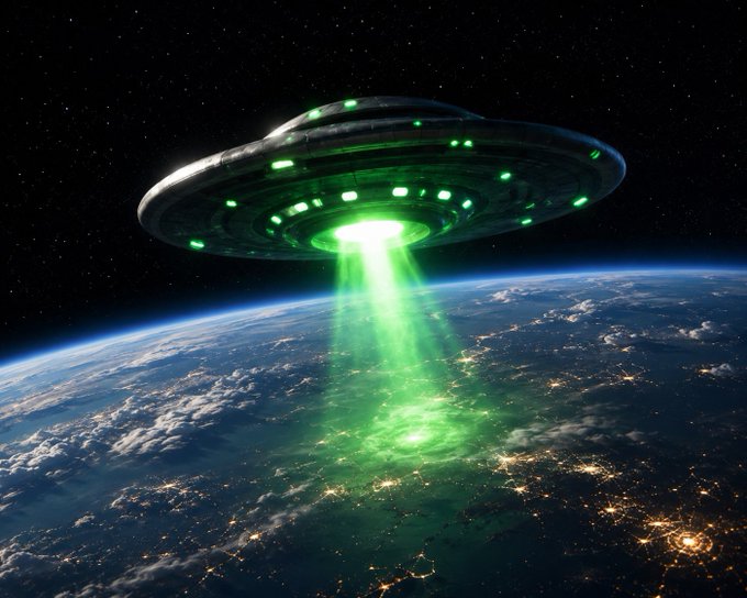 The image shows a green alien ship flying over Earth, with its lights shining brightly against the dark blue sky. The spaceship appears to be emitting a green light from its rear. Below the ship, there are several cities visible, indicating that the ship is likely in transit or has just landed on Earth. The post also mentions "More believers are receiving the signal." This suggests that the alien ship might have received a transmission from an outside source and is now broadcasting this information to those who believe in its existence.

The image captures the attention of viewers with its unique combination of elements, such as the green lights on the spaceship and the contrast between the dark blue sky and Earth's surface below. The presence of cities also adds a sense of scale and perspective to the scene, making it even more intriguing for those who believe in the alien ship's existence.
