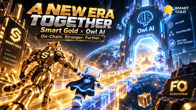 Promotional banner for 'A NEW ERA TOGETHER' featuring the Smart Gold x Owl AI partnership, highlighting key features like 'GOLD, QUANTITATIVE, STABLE GROWTH, TRANSPARENT' and 'ON-CHAIN, DECENTRALIZED, NEXT GEN QUANT STRATEGY' with futuristic gold and silver mascots.