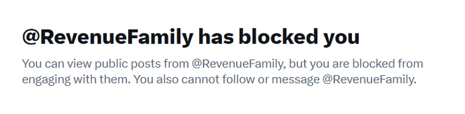 A notification stating '@RevenueFamily has blocked you' with an explanation that public posts can still be viewed.