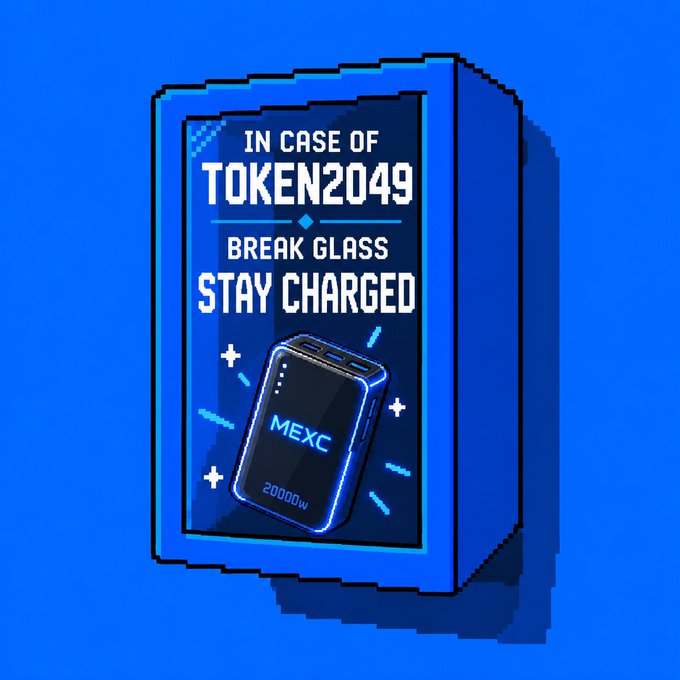 A pixel-art blue emergency-style box reads "IN CASE OF TOKEN2049 BREAK GLASS STAY CHARGED" and displays a MEXC-branded 20000w power bank inside, visually reinforcing the post's message about keeping your "battery" charged for the trading week ahead.