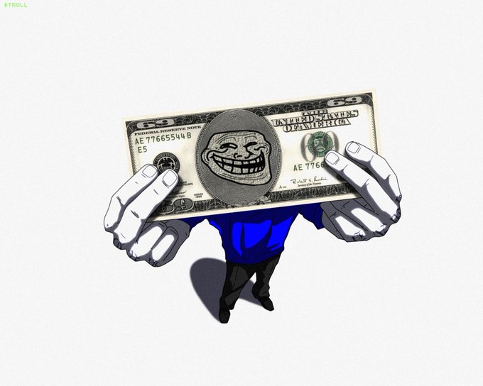 A stylized illustration of a Trollface meme character holding a $50 bill with cartoon hands, with the head detached and held over a blue-suit body on a gray background.