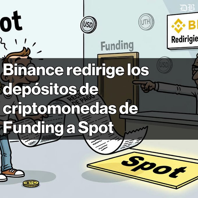 Image: A cartoon illustration showing a confused man with a 'Recibo de Pago' receipt, with text overlay reading 'Binance redirige los depósitos de criptomonedas de Funding a Spot' alongside USDT, USD, and other crypto coin logos.