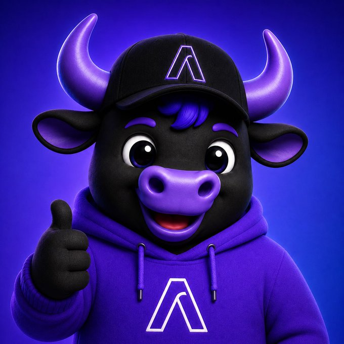A 3D-rendered mascot character that is a black and purple bull wearing a black baseball cap with an "A" logo and a purple hoodie with a matching "A" logo, giving a thumbs-up against a purple background.